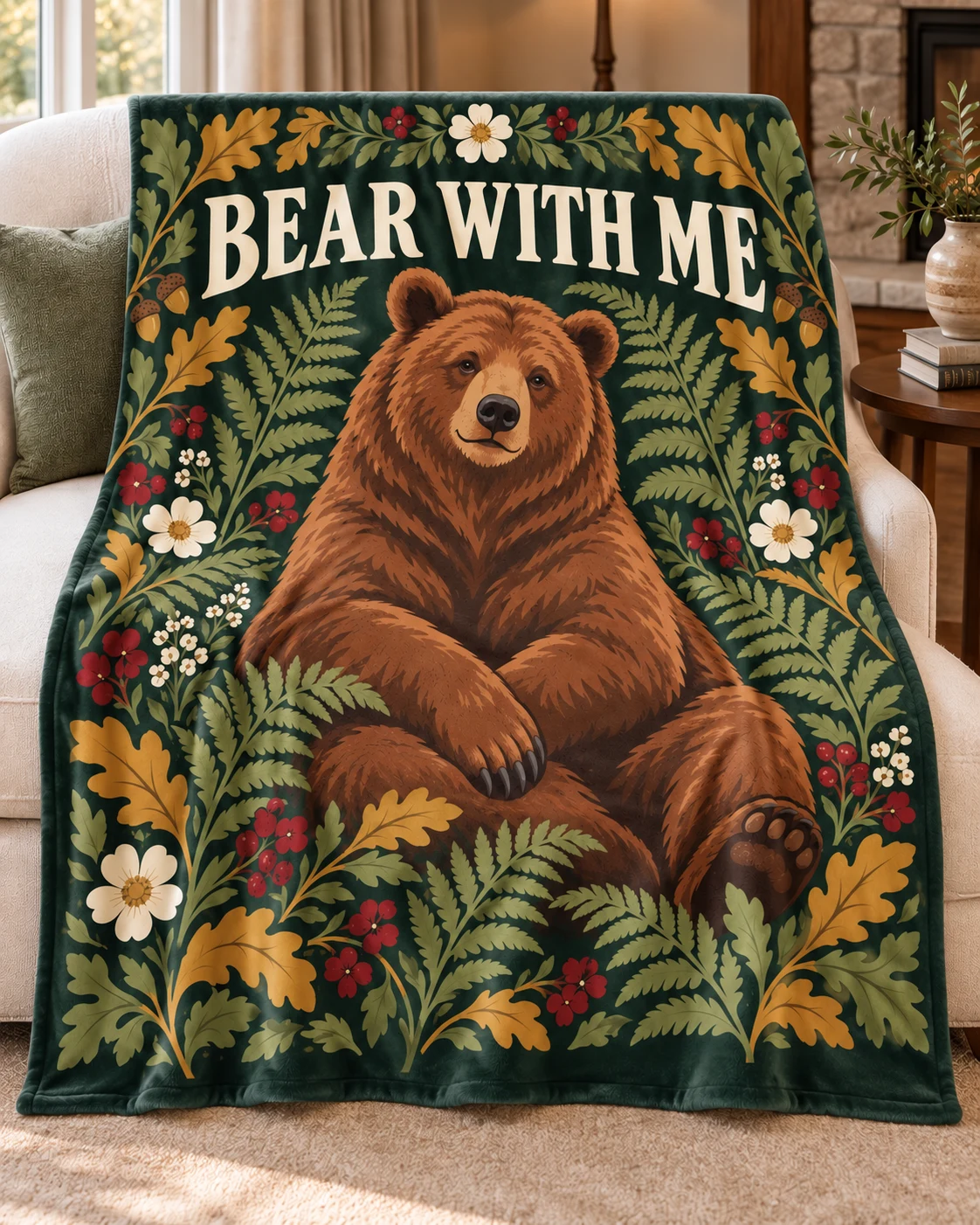 Bear With Me velveteen blanket with nature-inspired artwork — concept mockup