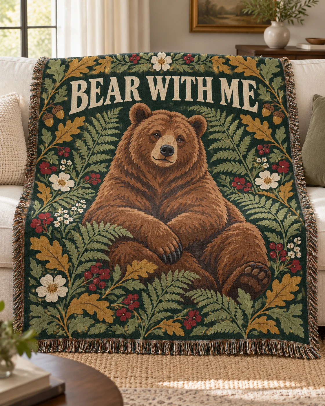 Bear With Me woven blanket with nature-inspired artwork — concept mockup