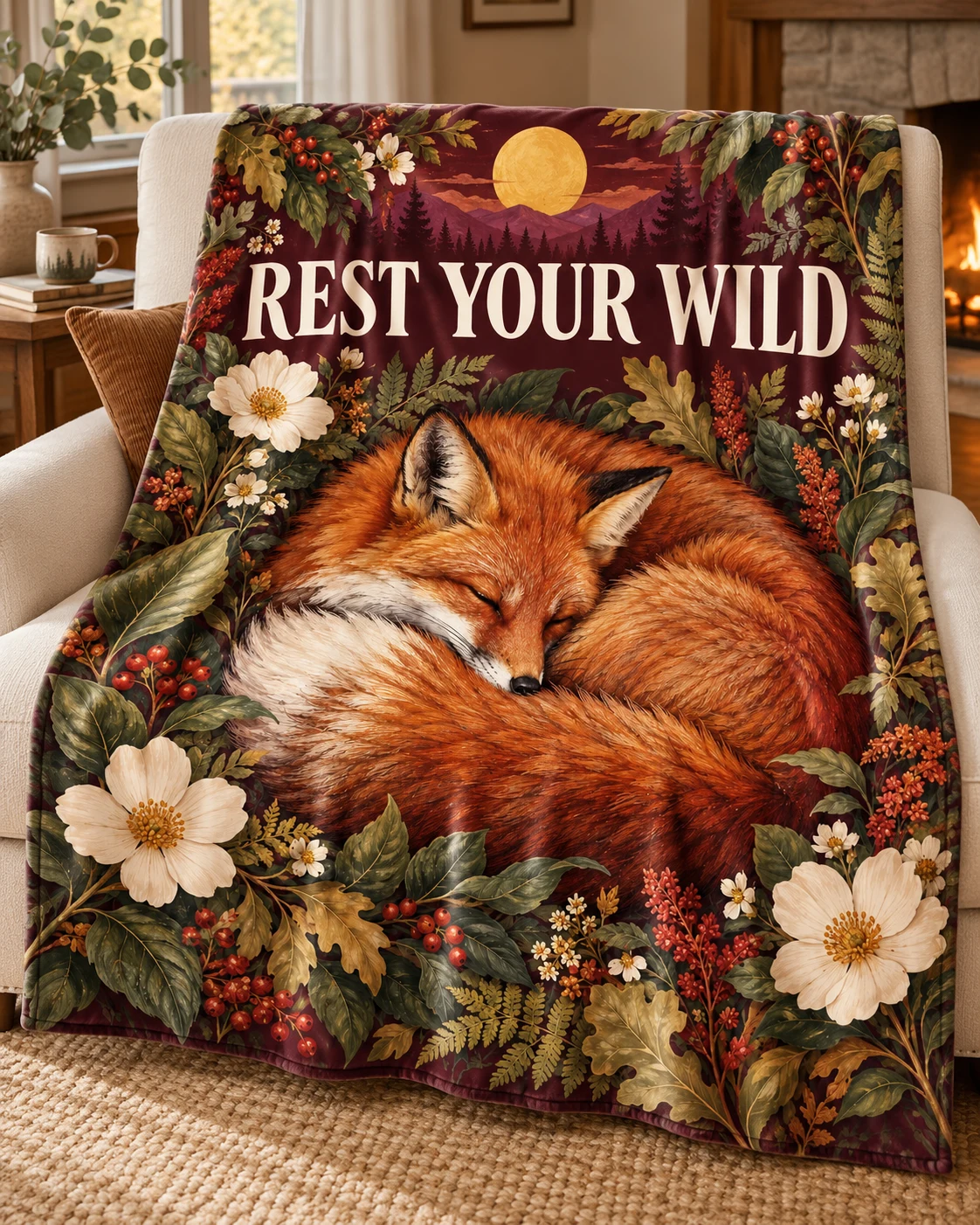 Rest Your Wild velveteen blanket with nature-inspired artwork — concept mockup