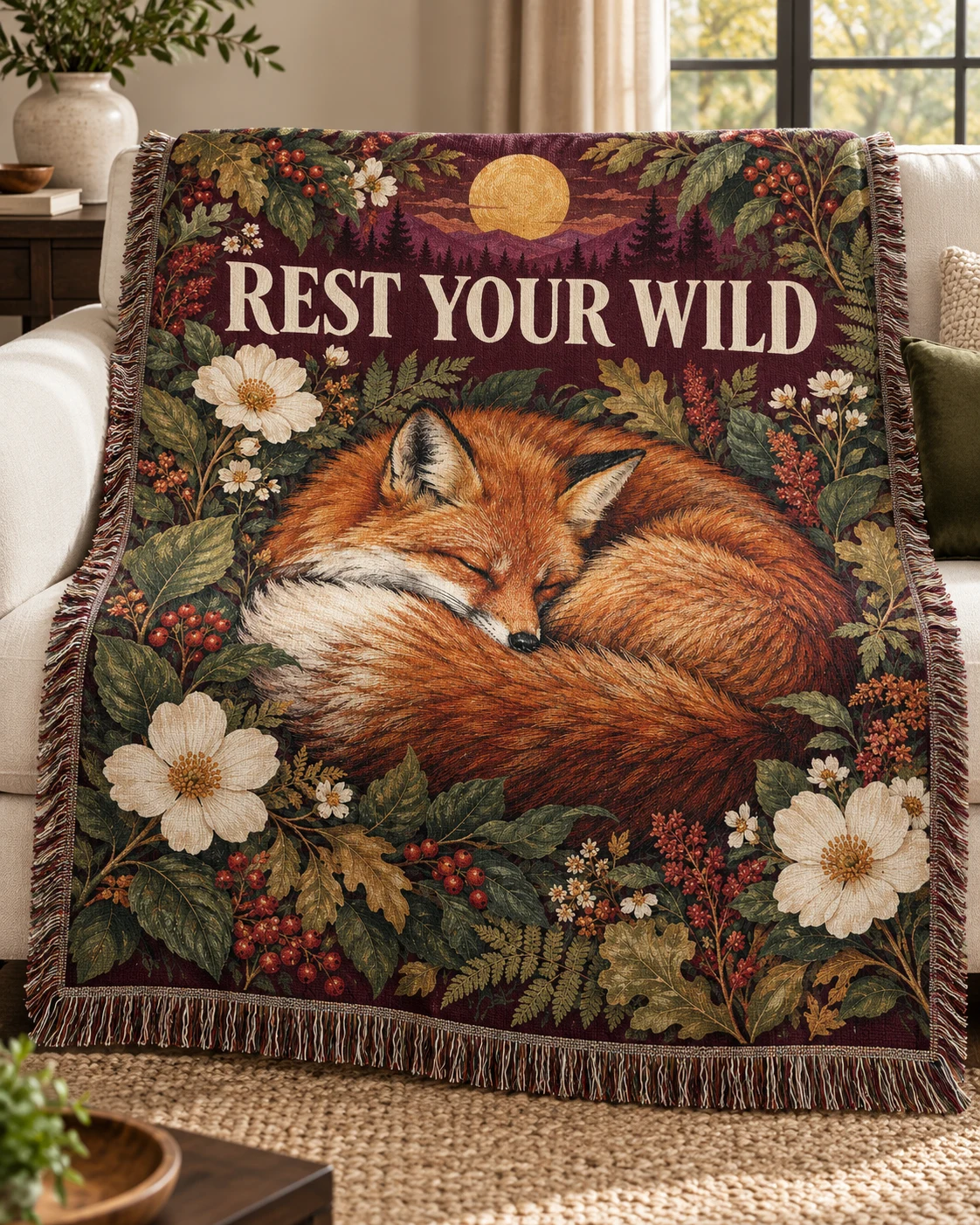 Rest Your Wild woven blanket with nature-inspired artwork — concept mockup