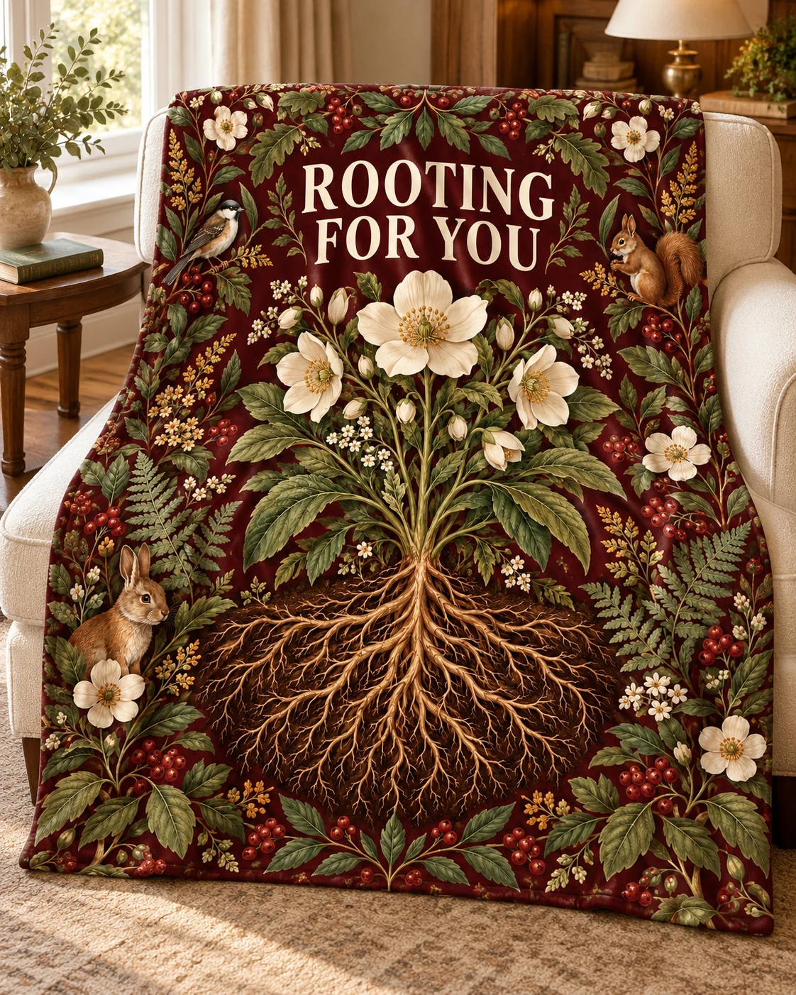 Rooting for You velveteen blanket with nature-inspired artwork — concept mockup