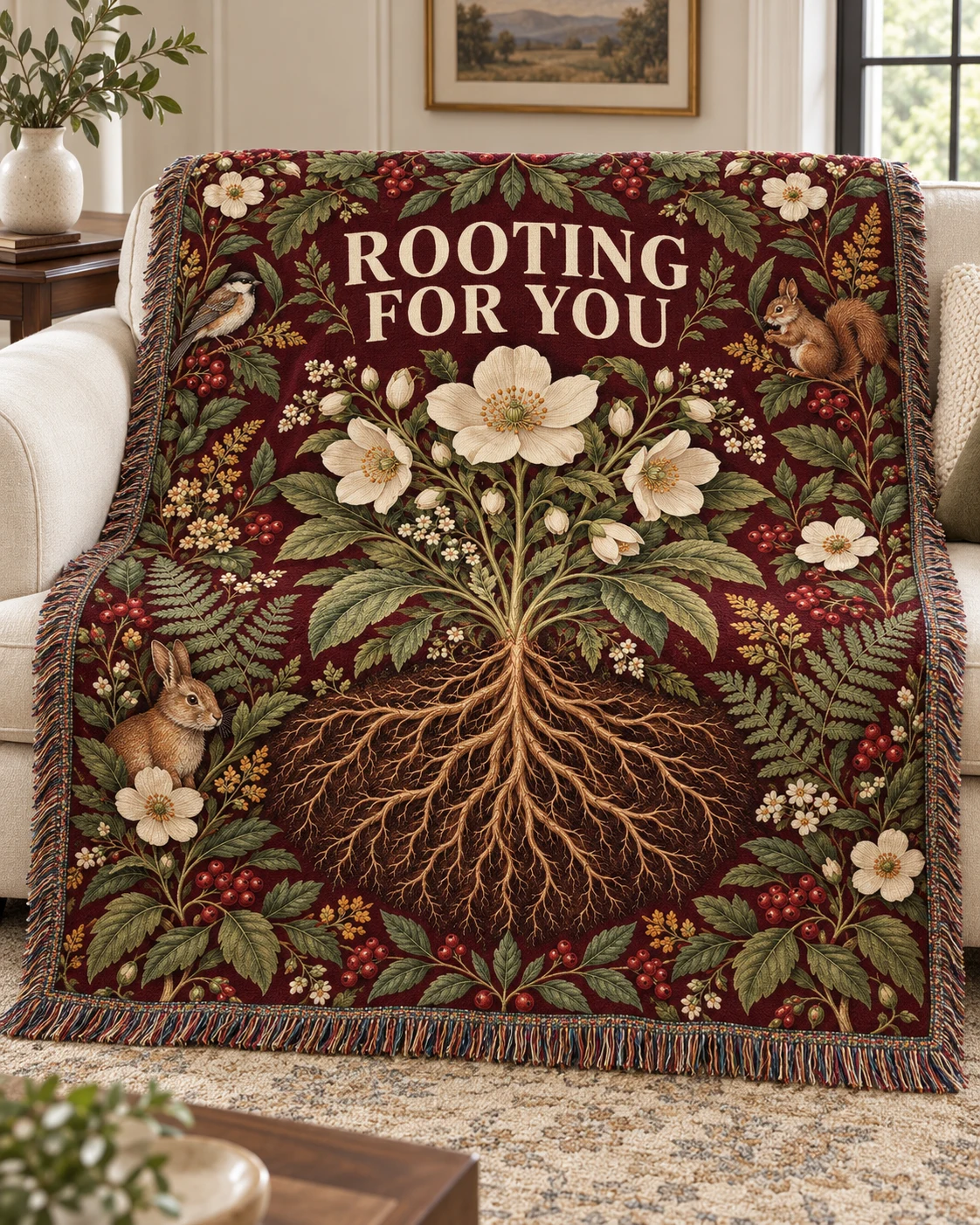 Rooting for You woven blanket mockup with cream flowers, woodland animals, and branching roots